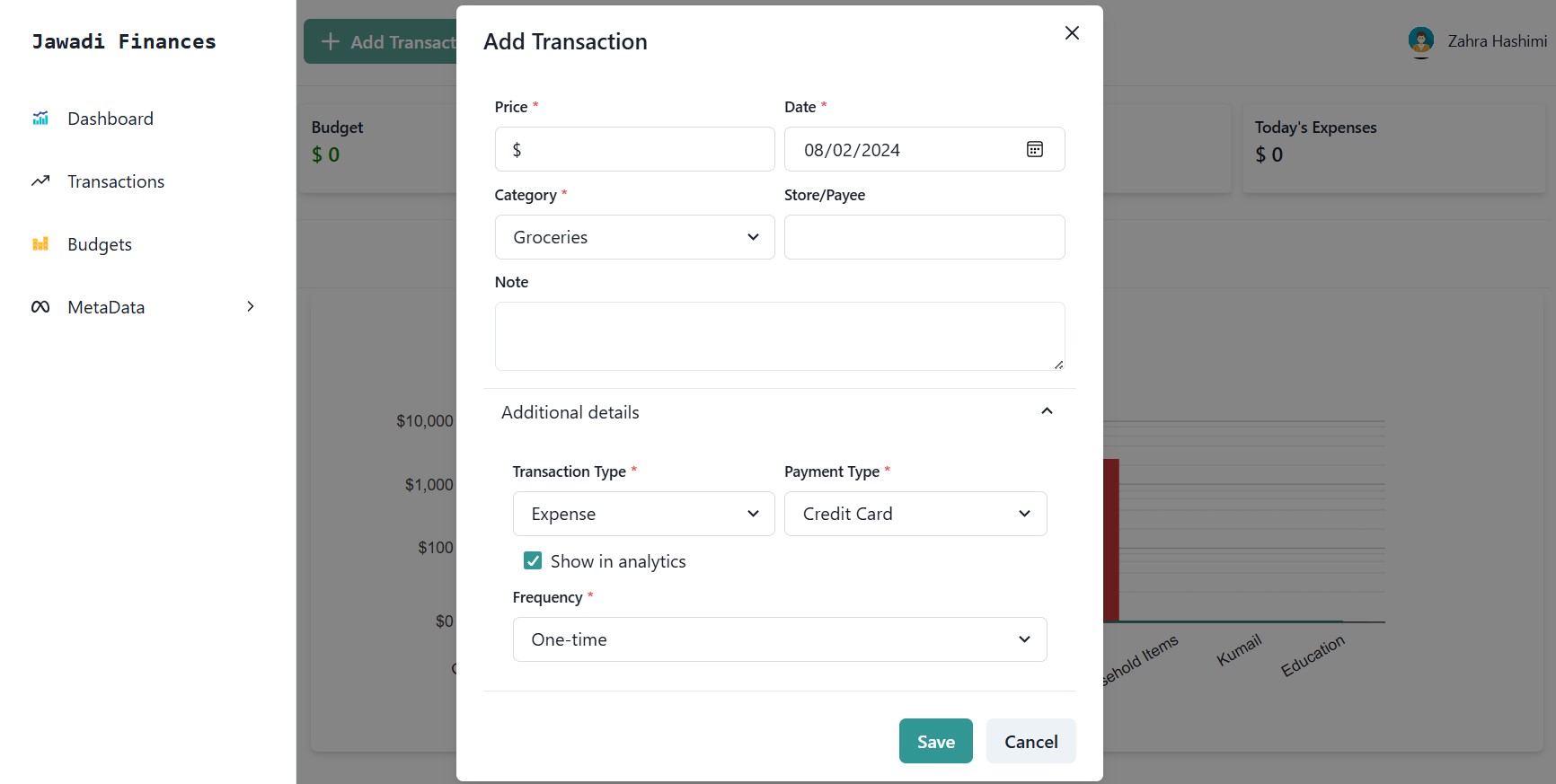 Jawadi Finances Add/Edit