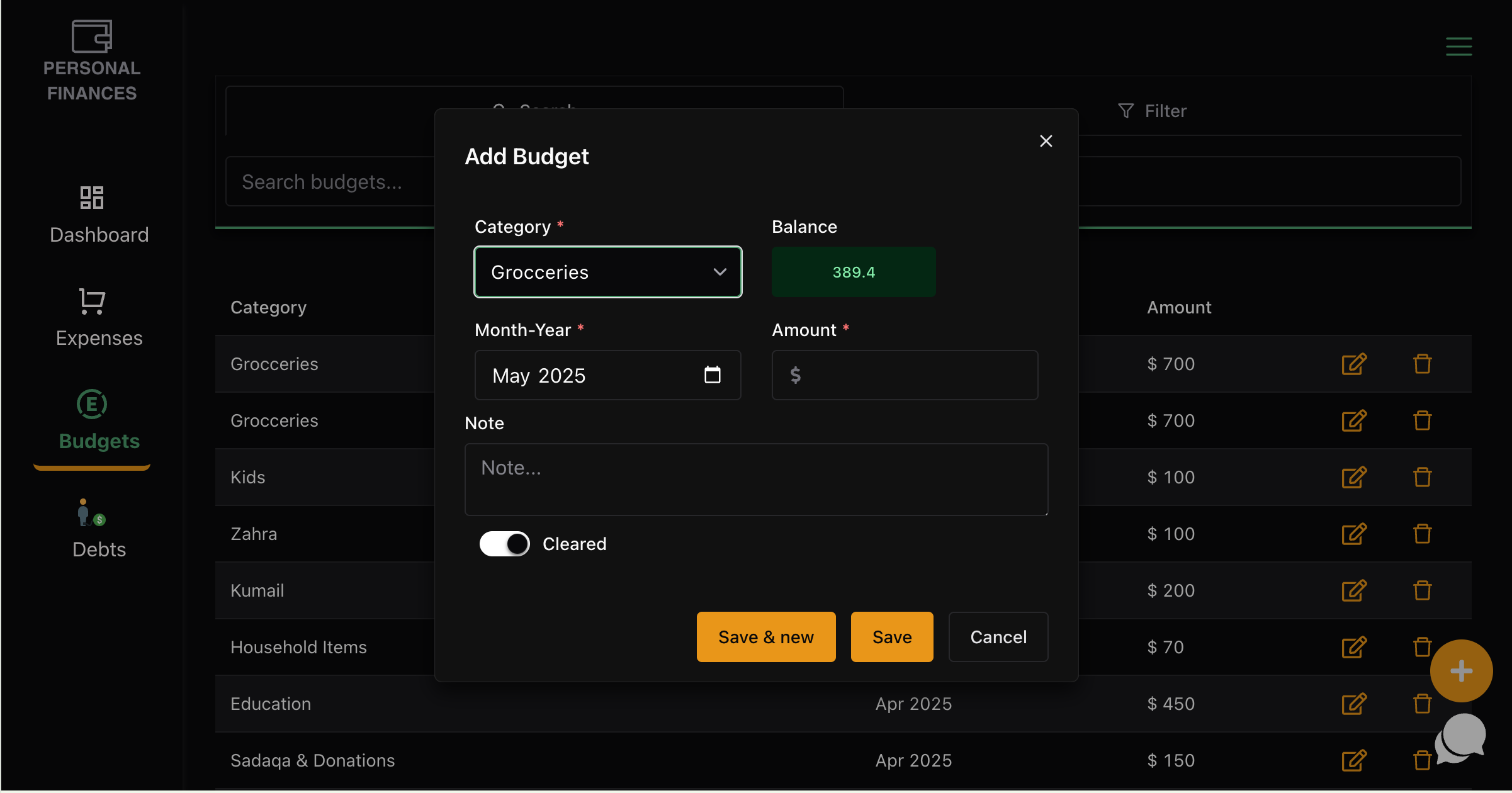 Personal Finances Add Budget
