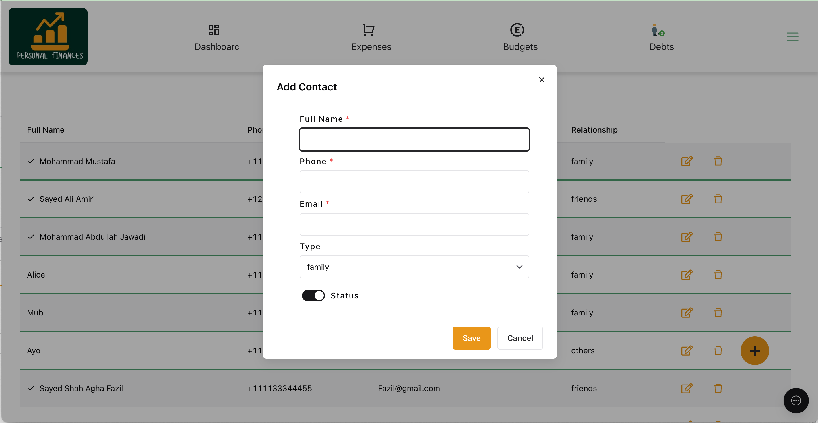 Personal Finances Add Contact