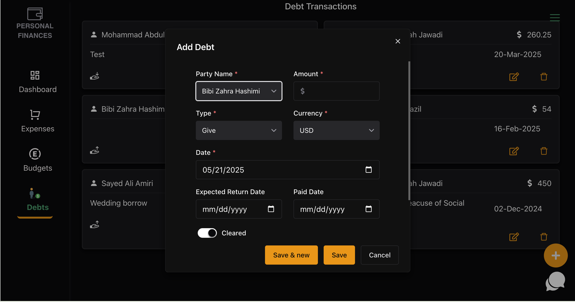 Personal Finances Add Debt