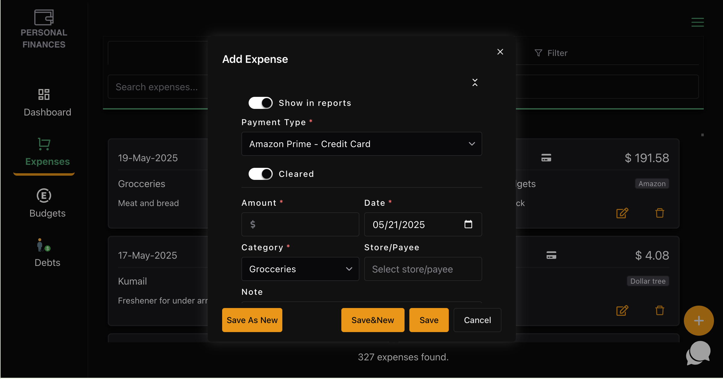 Personal Finances Add Expense
