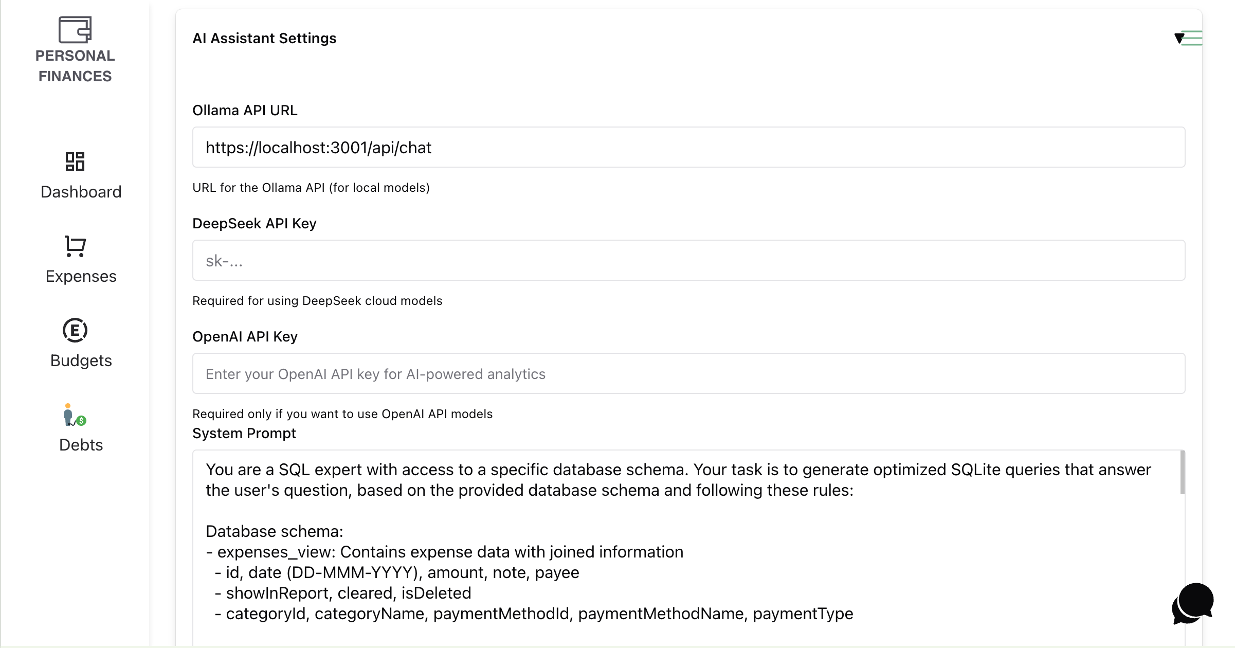 Personal Finances API Settings