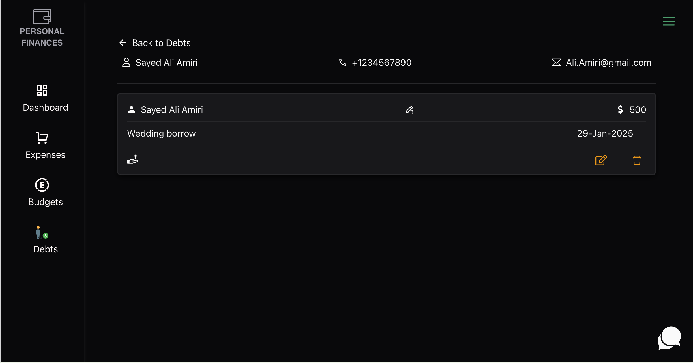 Personal Finances Debt Detail