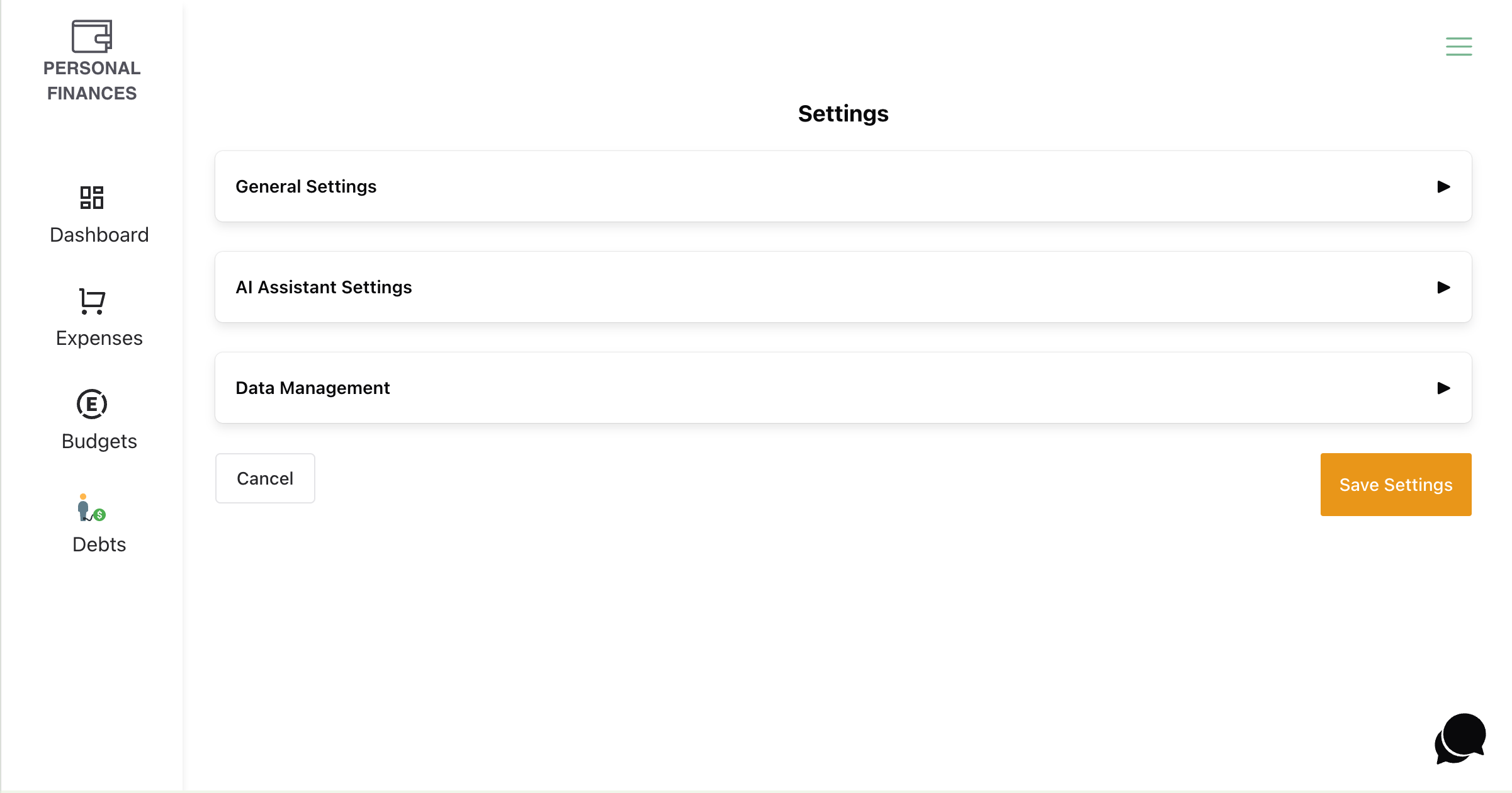Personal Finances Settings
